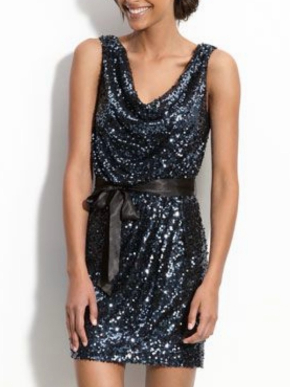 Aidan by Aidan Mattox Navy Blue Sequin Cowl Neck Cocktail Dress - Size: 2